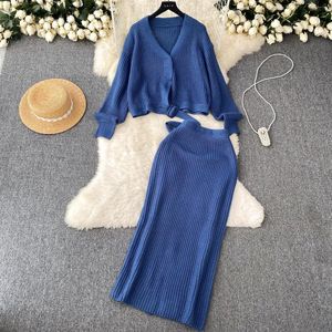 Work Dresses French Style Knitted Fashion Suits 2023 Autumn V Neck Long Sleeve Loose Sweater And High Waist Skirts Solid Color 2pcs Set