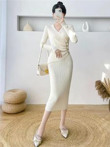 Basic Casual Dresses Solid Elegant Party Women Button Shirring Dress Slim V Neck Long Sleeve Pencil Office Lady Midi Wrapped Hip 230912
