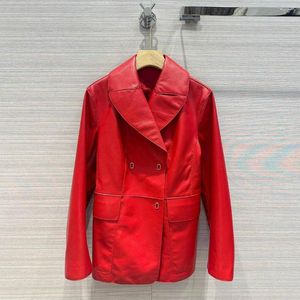 Women's Leather Quality Sheepskin Blazer Cool Coat Women Notched Long Sleeve Double Breasted Pocket Elegant Real Jacket