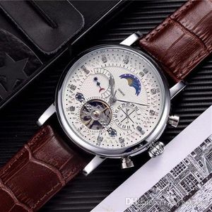 Top Brand Mens Watches Fashion Mechanical Automatic Watch Luxury äkta läderband Diamond Day-Date Moon Fas Movement Wristw2932