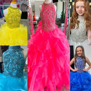 Preteens Girl Pageant Dress 2024 Ruffle Long Skirt High Neck Crystal Bodice Little Kid Birthday Formal Party Gown Infant Toddler Teens Tiny Young Junior Miss Royal