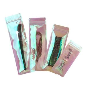 Förpackningsväskor Partihandel långform Rainbow Pink Self Seal Bag Iridescent Clear Lipgloss Packaging Cosmetic Plastic Laser Zipper Drop Otaea