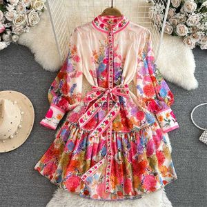 MagnificentBasic Casual High Quality Flower Print Dress with Sashes Summer Women Vestidos Stand-Up Collar Single-Breasted Lantern Sleeve A-Line 2024 HKD230912