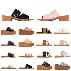 Toppkvalitetsdesigner päls glider sandaler kvinnor rosa chlos tofflor woody platt mular plattform broderad linne hög häl sandal espadrille kil tränare strandskor