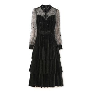 2023 Summer Black Solid Color Panelled Dress Long Sleeve Round Neck Lace Midi Casual Dresses S3S08W09081103