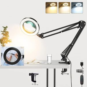 Förstoringsglas 8x LED -förstoringsglas 3 färglägen 10 nivåer Förstorare Lampdiameter Glas justerbar svängbar arm för att läsa reparationshantverk 230912