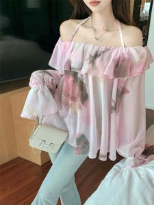 Blusas femininas alienígena kitty rosa outono slash neck impresso protetor solar solto lanterna manga halter chique 2023 suave fora dos ombros doce