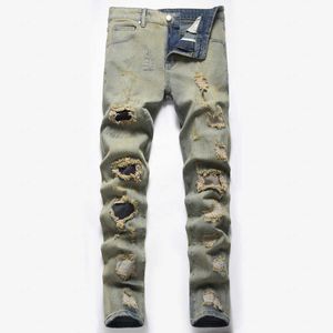 Jeans mens nostalgic torn patch fabric distressed mid waist mid shot high street style long pants new