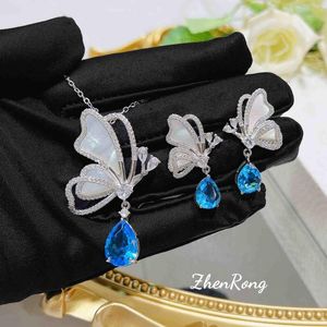 Halskette Ohrringe Set Elegantes Temperament Meerblau CZ Schmetterling Glänzender Kristall Silber Farbe Anhänger Halsketten Damen Schmuck Geschenk