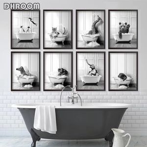北欧の浴室の装飾動物のポスター象ジャイラフトイレバスタブブラックホワイトキャンバスペインティングレトロウォールアートホームデコレーションL01