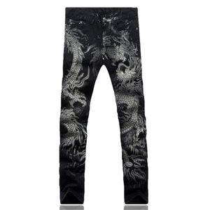 Men's Jeans Men Pants Slim Fit Fashion Dragon Print Male Colored Drawing Painted Denim Elastic Black Cargo293E