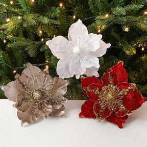 Decorative Flowers 22cm Champagne Christmas Flower Imitation Pattern DIY Red Multi Layer Mesh Tree Decoration