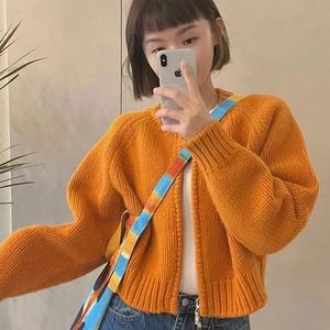 Women's Knits Tees MEXZT Solid Knitted Cardigan Women Sweet Zipper Cropped Sweaters Korean Vintage Casual Knitwear Coat Loose Short Jumpers Jackets 230912