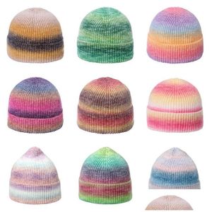 많은 색상 넥타이 염료 니트 비니 여성 가을 ​​겨울 두꺼운 따뜻한 모자 무지개 모자 소녀 야외 모자