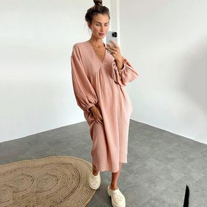 Robe feminino lanterna manga camisola dres solto v pescoço sleepwear primavera algodão casual pijama sólido elegante lingerie robe pijama 230912