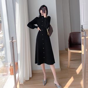 Casual Dresses Temperament Knit Sweater Dress Korean Fashion Half Turtleneck Black 2023 Autumn Long Sleeve Button Commute Midi