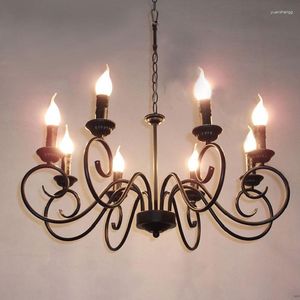 Chandeliers Retro Black Wrought Iron Metal 6 And 8 Candle Light Antique Chandelier For Living Room Foyer Hanging Chain Lighting Fixture