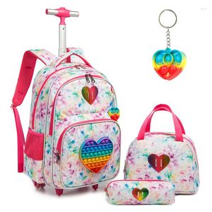 School Bags Rolling Backpack For Girls Wheels Backpacks Elementary Student Kids Wheeled Trolley Trip Luggage With Lunch Box Pencil Case