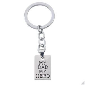 Nyckelringar Sier Plated Creative Carved My Dad Hero Letters Pendant Keychain Car Keychains Fathers Day Gift Drop Delivery Syckel DHXAK