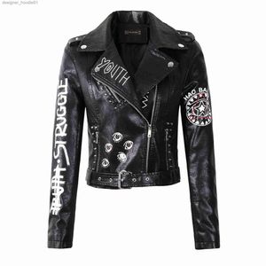 Pele masculina pele sintética novas mulheres outono inverno falso jaquetas de couro macio casacos senhora preto pu rebite zíper epaulet impressão 3d motocicleta streetwear l230913