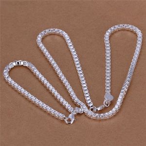 Mode herrsmycken set 925 Sterling Silver Plated 4mm Box Chain Necklace Armband Top Quality Free Frakt