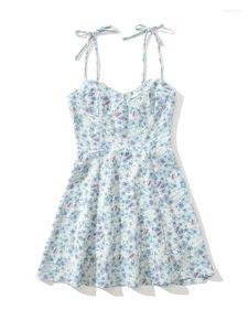 Casual Dresses Chic Lady Summer Flower Print High midja Kort Sling Dress Girls Strapless Elegant Blue Mini Women Vintage Slim