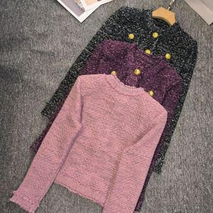 822 2023 Осенний женский свитер с длинным рукавом с круглым вырезом, кардиган, фиолетовый, черный, розовый, на пуговицах, фирменный стиль, в полоску, белый женский DL