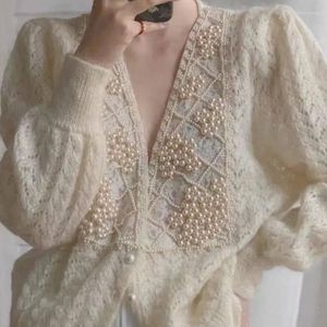 Женский вязаный элегантный женский свитер 2023, весна-осень, винтажный кардиган с длинными рукавами и v-образным вырезом, ажурными бусинами, лоскутный кардиган