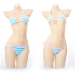 Japanese Lingerie Sexy Erotic Anime Cosplay Underwear Set Kawaii Mini Bikini Blue Pink Striped Bra Set For Women299x