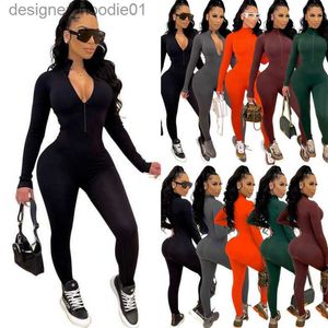 Kobiety Jumpsuits Rompers Fall and Winter Womens Fashion Sports Sports Subsuits Bodysuits Wciąż z długim rękawem sposobne spodnie zamek błyskawiczny bodycon capris l23091