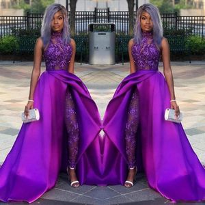 Purple Lace Stain Evening Jumpsuit With Train 2023 High Neck African Plus Size Classic Occasion Prom Pant Suit Dress Wear2743