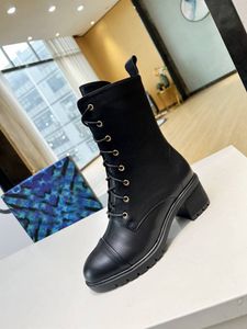 Luxury Brand Womens Half Combat Boots Martin Winter Suqare Heel 6CM Cow Leather Lace Up Shoes Size 35-40