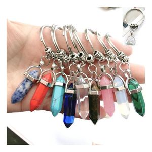 Chakra Hexagon Prism Natural Stone Keychain 9 Colors Alloy Crystal Key Ring Handbag Hangs Fashion Gift Drop Delivery