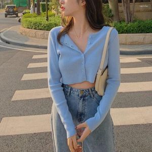 Women's Knits Fashion Long Sleeve White Clothes Korean Style O-neck Knitted Cardigan Autumn Short Sweater Casual Button Crop Top Women 28116