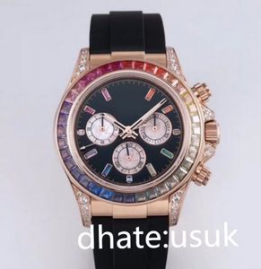 Mens Watches best-quality Automatic Mechanical Watch 40mm No Chronograph Rubber Strap Rainbow Diamond Bezel Rose Gold Waterproof Men's Wristwatches