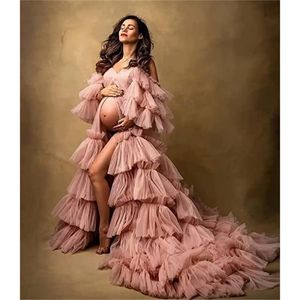 Robe de tule inchado, vestidos de maternidade para sessão de fotos, lingerie de noiva longa transparente, ombro de fora, vestidos de gravidez, chá de bebê