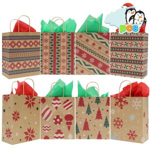 Sacos de presente de natal com alça impresso saco de papel kraft crianças festa favores sacos caixa decoração de natal casa bolo de doces saco atacado