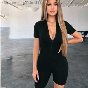 Women's Jumpsuits Rompers Women's Jumpsuits Rompers Sexy High Deep V Neck Short Sleeve Single Breast Women Ribbed Bodysuits Playsuits With 2 Colors L230913