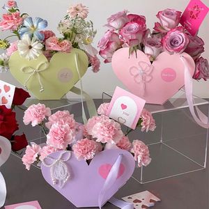 Confezione regalo a forma di cuore con fiori, manico, scatola, bouquet, arte floreale, carta da imballaggio per le vacanze, festa della mamma, San Valentino, confezione monocromatica