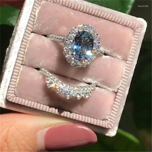Pierścionki ślubne moda owalna cięta natura niebieski kryształowy zestaw zaręczyn dla kobiet zespół biżuterii pierścień rocznicowy