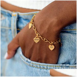 Manschette personalisierte gravierte Name benutzerdefinierte Armband Edelstahl Kette 1 5 Namen Herz Gold Charm Armbänder für Frauen Schmuck Geschenke Dro Dhcls