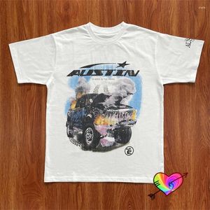 Męskie koszule 2023 White Hellstar Tee Men Men Kobiet Austin T-shirt Crewneck Tops Hip Hop Ogabersa krótkie rękaw