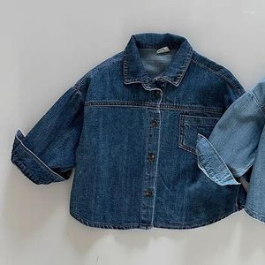 Jaquetas Coreanas 2023 Outono Meninos Tops Jeans Casaco Cor Sólida Moda Casual Turn Down Collar Retro Roupas de Inverno para Meninas