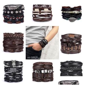 Charm Bracelets Trendy 5Pc Men Bohemian Mtilayer Leather Handmade Braided Leaf Star Rope Wrap Male Fashion Beach Gifts Drop Delivery Ot0Qt