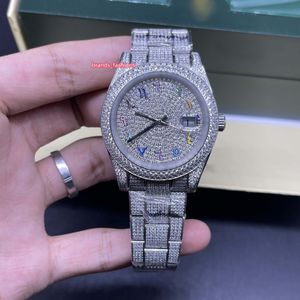 Orologi da uomo con diamanti di ghiaccio Orologio con diamanti in acciaio inossidabile argento Orologio con numeri arabi arcobaleno scala hip-hop orologi meccanici stile rap 41MM