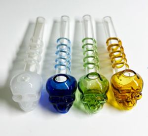 Hand Smoking Pipes Skull Head Colorful Glass Oil Burner Pipe Bubble Chamber and Spiral Shape Smoking Water Pipes