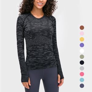 Kvinnor Crewneck Sweatshirts Långärmad Yoga-skjortor Slim Black Running Sports Tops Mesh andningsbara t-shirts snabb torr elastisk fitness slitage velafeel
