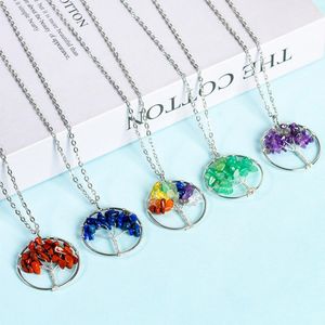 Natural Stone Crystal Tree of Life Chip Gemstone Pendant Necklace 7 Chakra Yoga Healing Topaz Red Agate Necklaces Women Men Jewelry