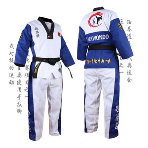 Diğer spor malzemeleri yüksek sınıf siyah kırmızı mavi yetişkin çocuklar taekwondo tkd üniforma eğitim karate takım elbise nakış üniformaları poomsae dobok wtf onaylı 230912