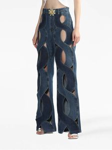 Kvinnor Streetwear Cutout Hollow Out Criss Cross Straight Flare Denim Pants 2023 Ins Fashion Wide Leg Jeans Trousers 2309096